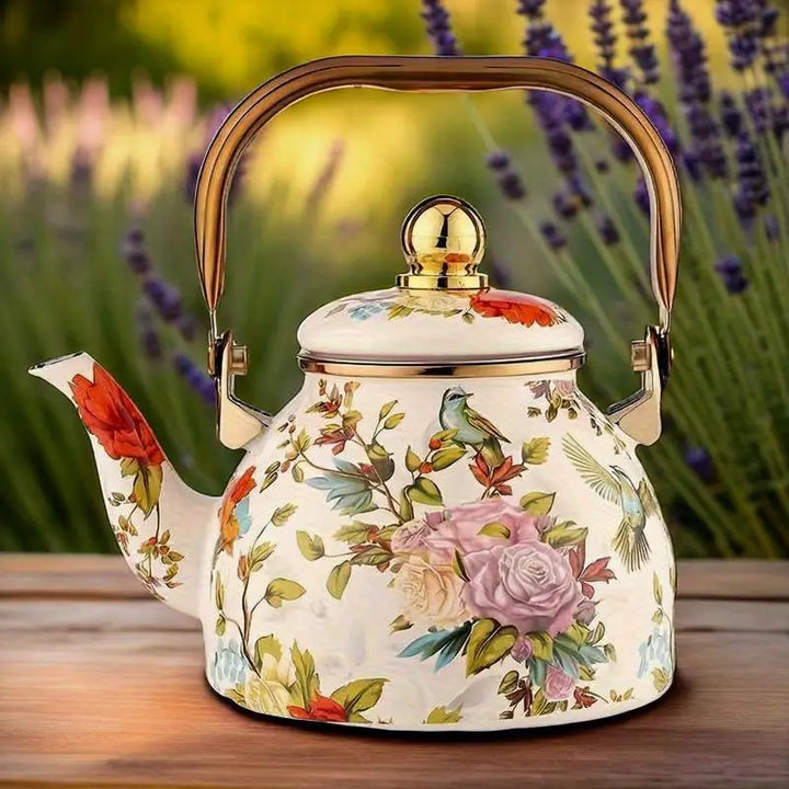 1.2L Enamel Floral Teapot with Gold Handles