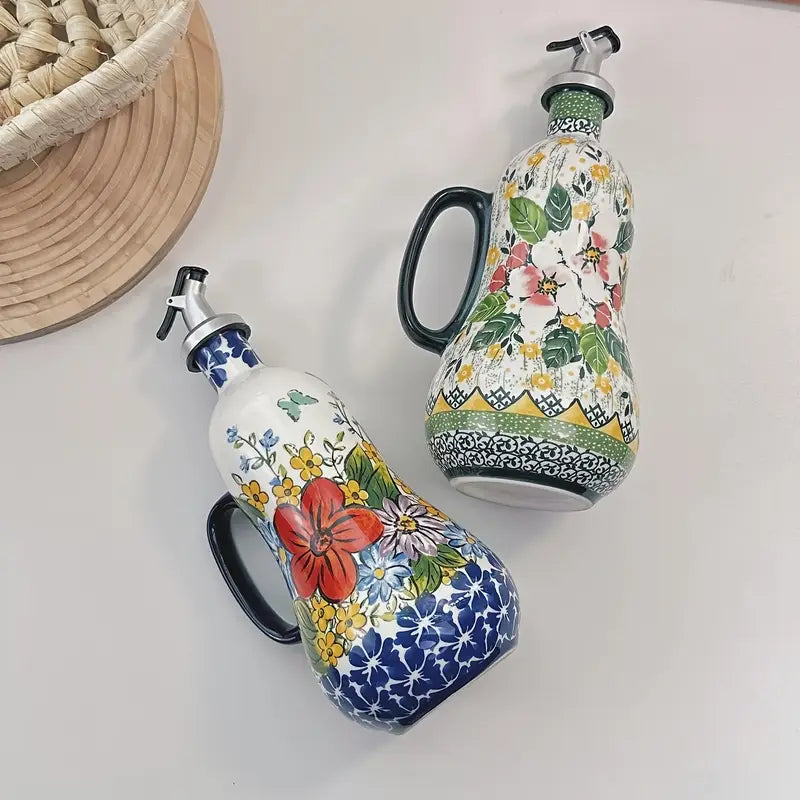 Hand-Painted Ceramic Olive Oil Dispenser with Handle