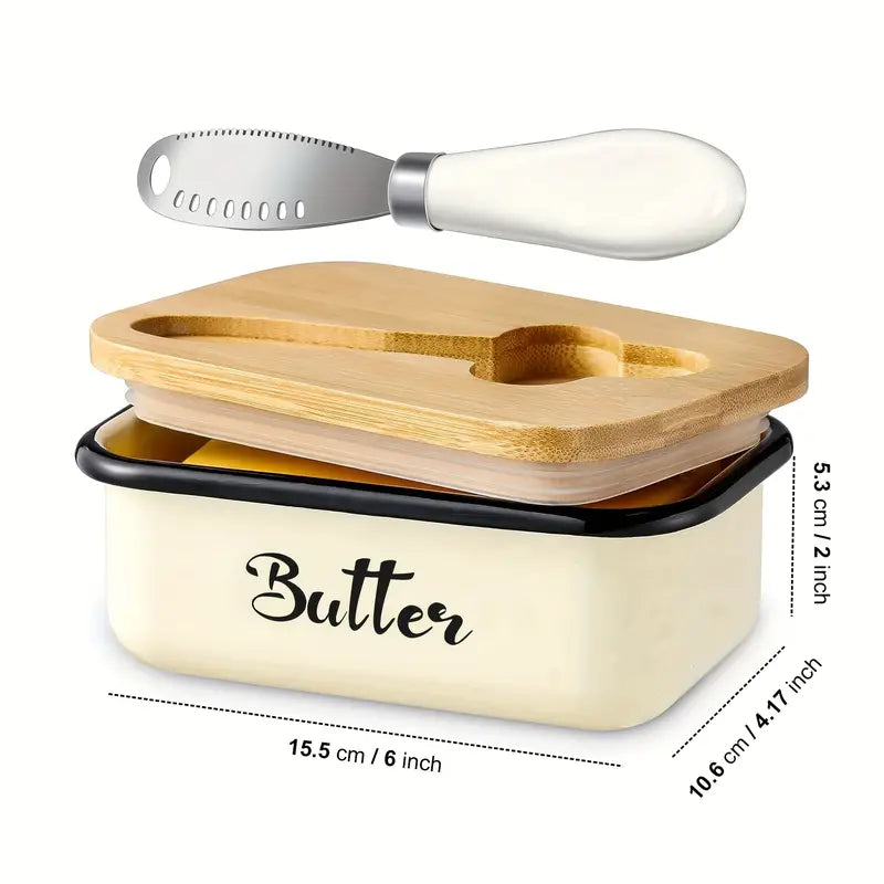Ceramic Butter Dish with Bamboo Lid and Knife