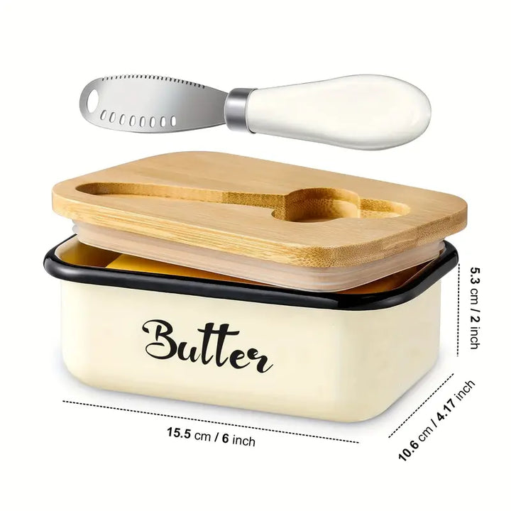 Ceramic Butter Dish with Bamboo Lid and Knife