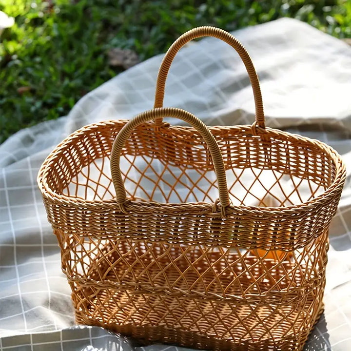 Woven Picnic Basket with Handles – Durable Plastic Rattan Look