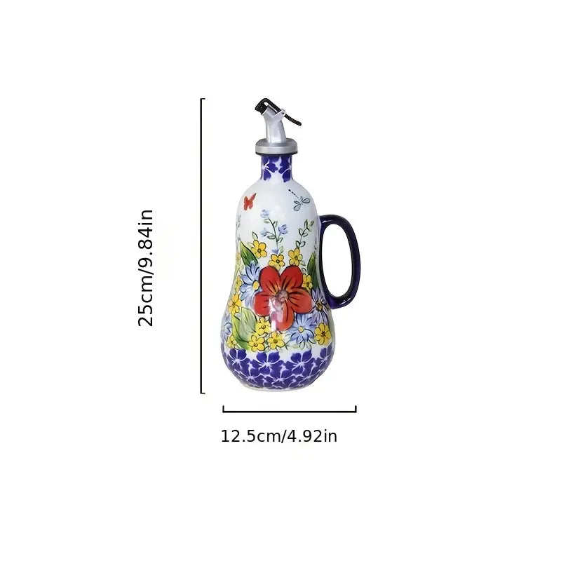 Hand-Painted Ceramic Olive Oil Dispenser with Handle