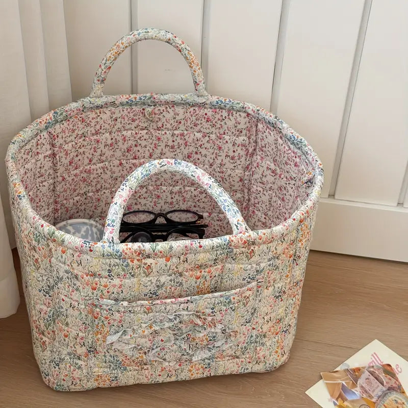 Large Floral Fabric Storage Basket with Handles