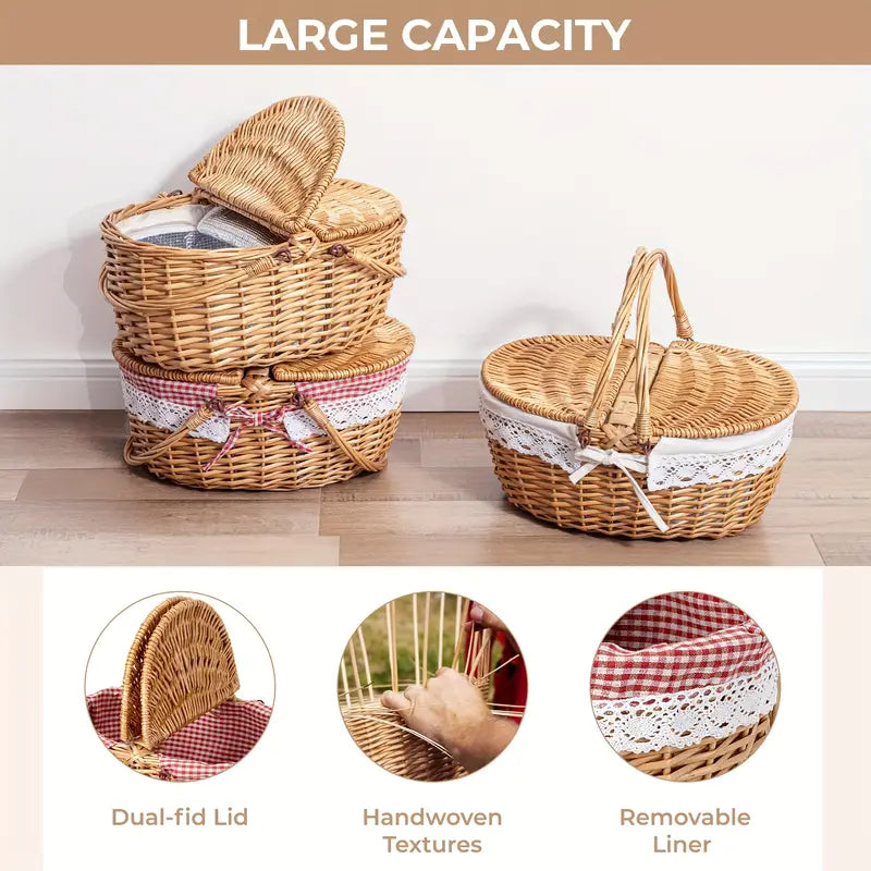 Large Wicker Picnic Basket with Lid and Lining