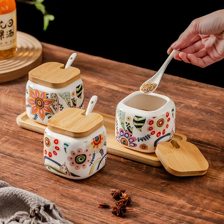 Bohemian Ceramic Spice Jars Set with Bamboo Tray and Spoons