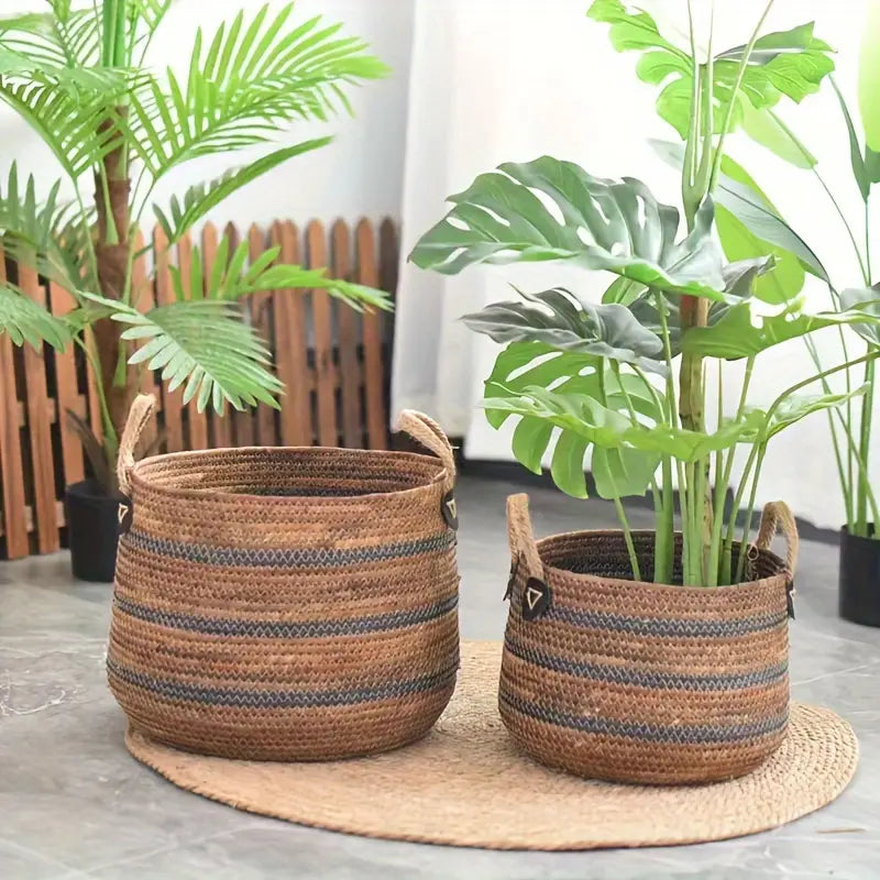 Large Bohemian Woven Rope Storage Basket with Handles