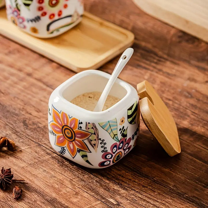 Bohemian Ceramic Spice Jars Set with Bamboo Tray and Spoons