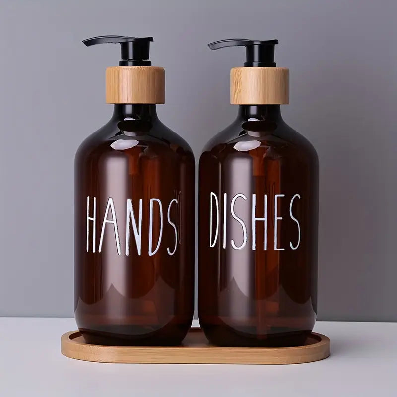 2pcs Amber Plastic Soap Dispenser Bottles with Pump and Bamboo Lid
