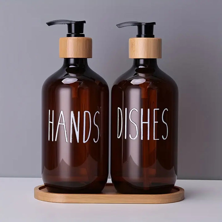 2pcs Amber Plastic Soap Dispenser Bottles with Pump and Bamboo Lid