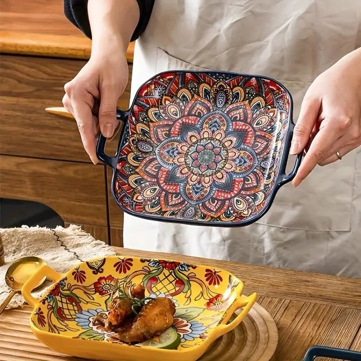Bohemian-Style Ceramic Square Serving Plates with Handles