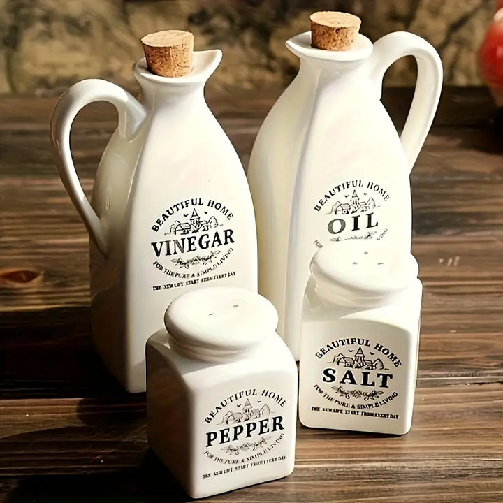 4pcs Ceramic Oil-Vinegar-Salt-Pepper Dispenser Set