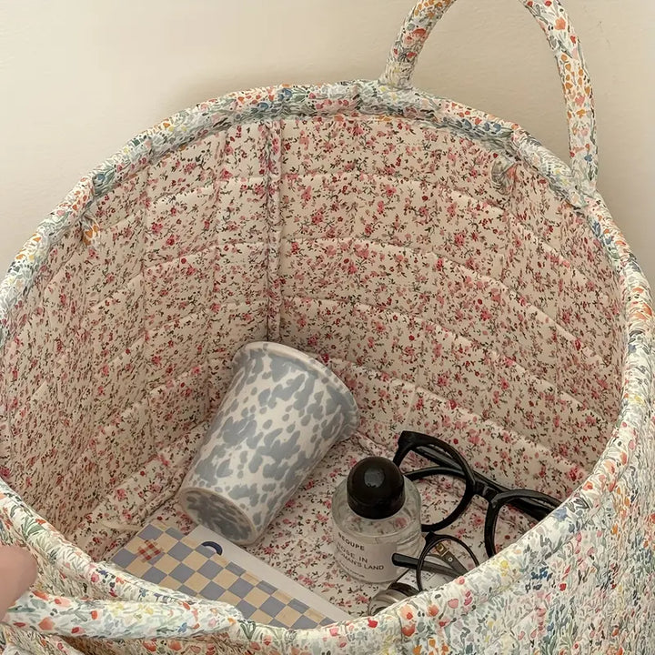 Large Floral Fabric Storage Basket with Handles