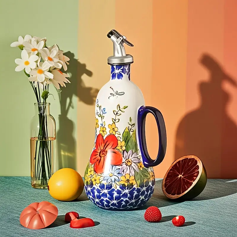 Hand-Painted Ceramic Olive Oil Dispenser with Handle