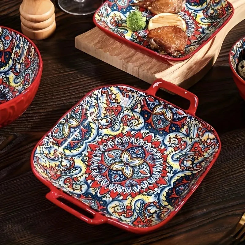 Bohemian-Style Ceramic Square Serving Plates with Handles