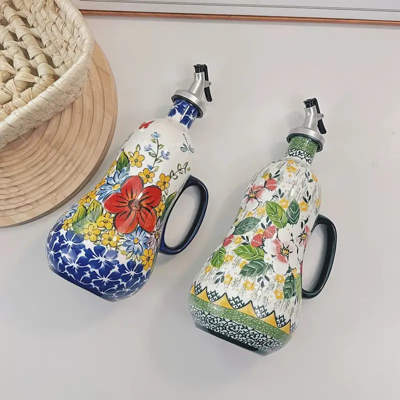 Hand-Painted Ceramic Olive Oil Dispenser with Handle