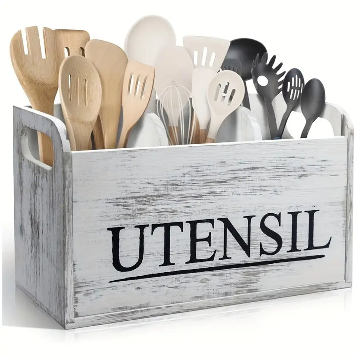 Wooden Utensil Storage Box with Gold Label