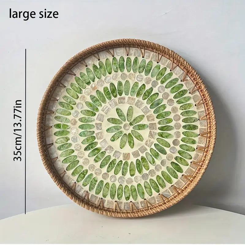 Mother-of-Pearl Inlaid Rattan Tray