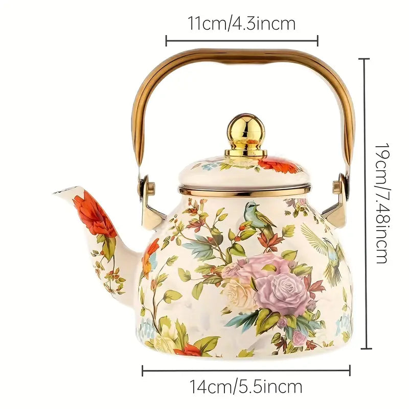 1.2L Enamel Floral Teapot with Gold Handles