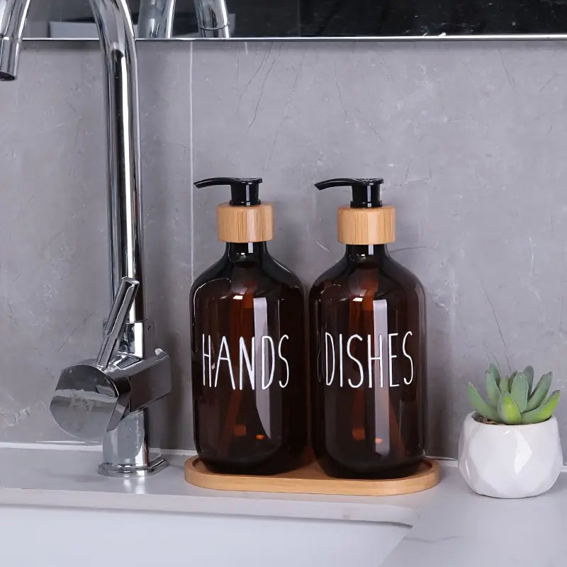2pcs Amber Plastic Soap Dispenser Bottles with Pump and Bamboo Lid