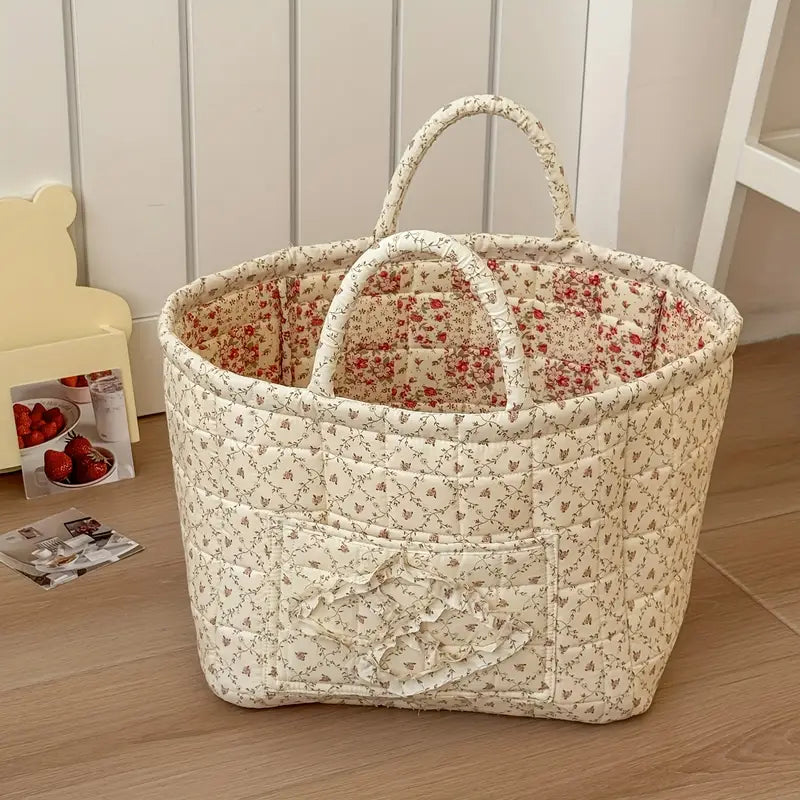 Large Floral Fabric Storage Basket with Handles