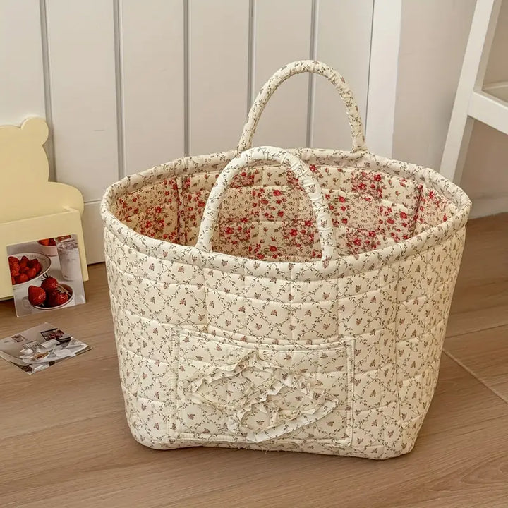 Large Floral Fabric Storage Basket with Handles