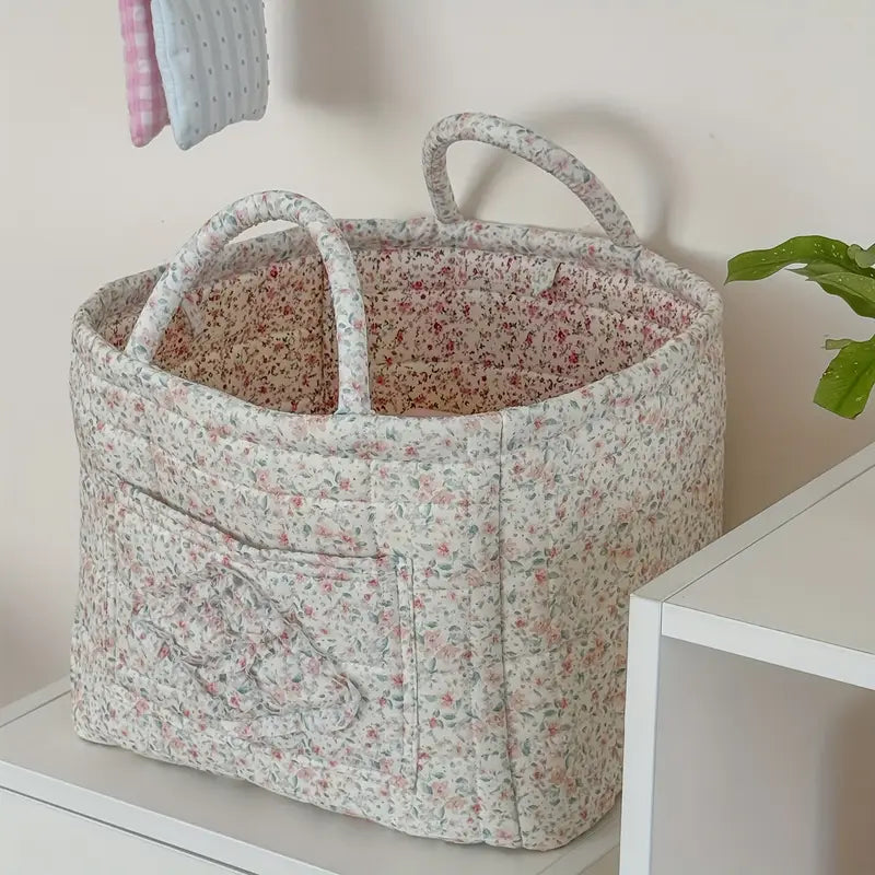 Large Floral Fabric Storage Basket with Handles