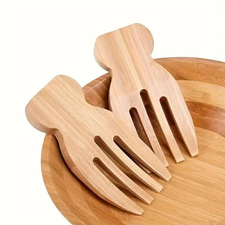 2pcs Bamboo Salad Servers – Wooden Claw-Style Mixing Forks
