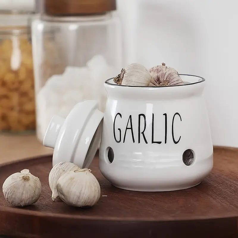 Ceramic Garlic Keeper with Vent Holes and Lid