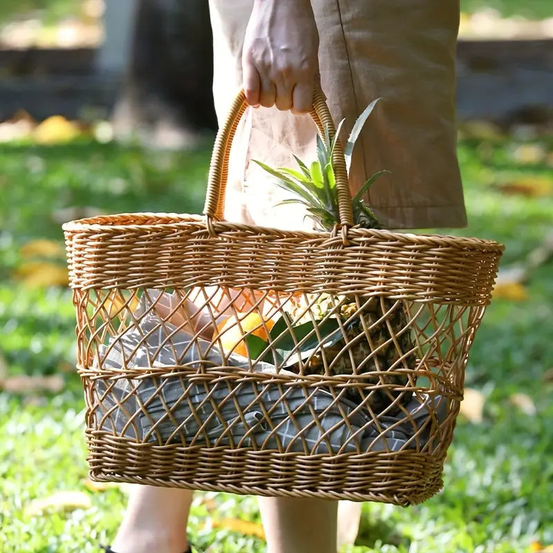 Woven Picnic Basket with Handles – Durable Plastic Rattan Look