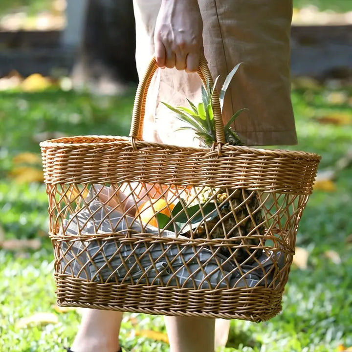 Woven Picnic Basket with Handles – Durable Plastic Rattan Look