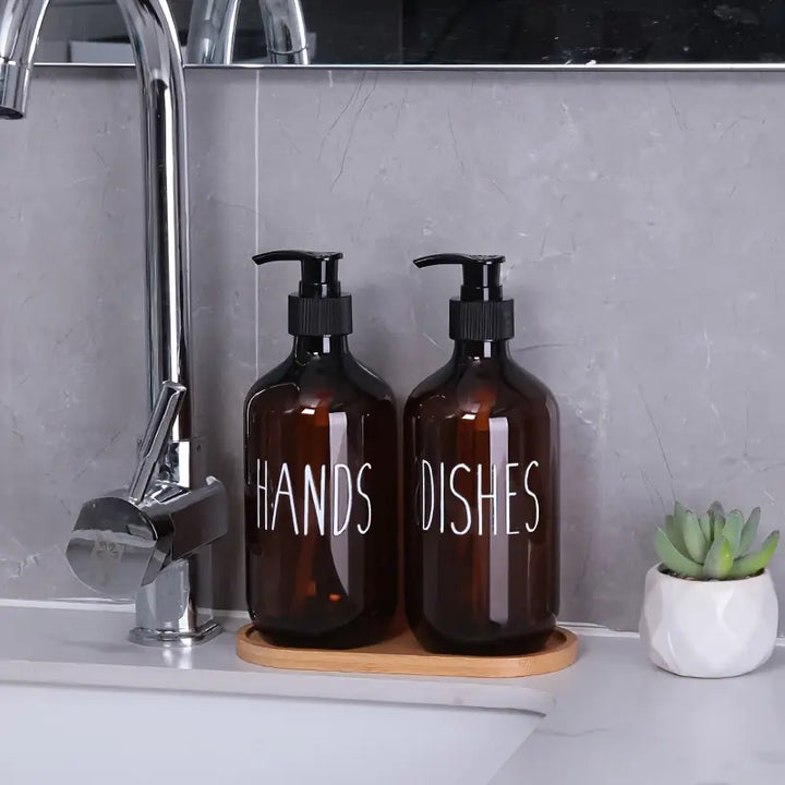 2pcs Amber Plastic Soap Dispenser Bottles with Pump and Bamboo Lid