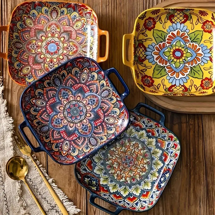 Bohemian-Style Ceramic Square Serving Plates with Handles