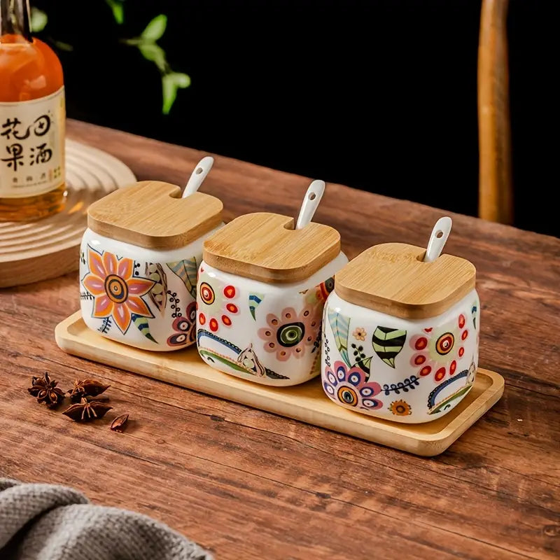 Bohemian Ceramic Spice Jars Set with Bamboo Tray and Spoons