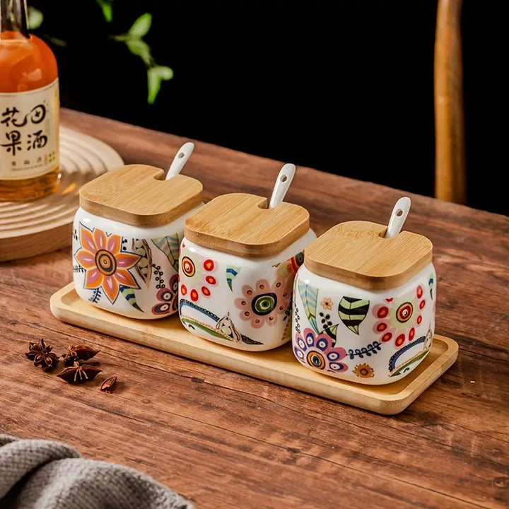Bohemian Ceramic Spice Jars Set with Bamboo Tray and Spoons
