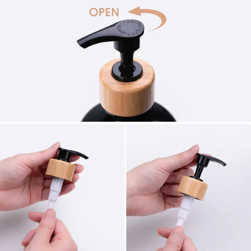 2pcs Amber Plastic Soap Dispenser Bottles with Pump and Bamboo Lid