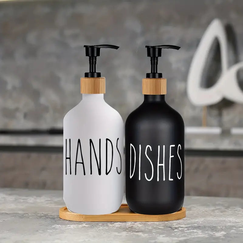 Matte Black Soap Dispenser Set with Wooden Tray