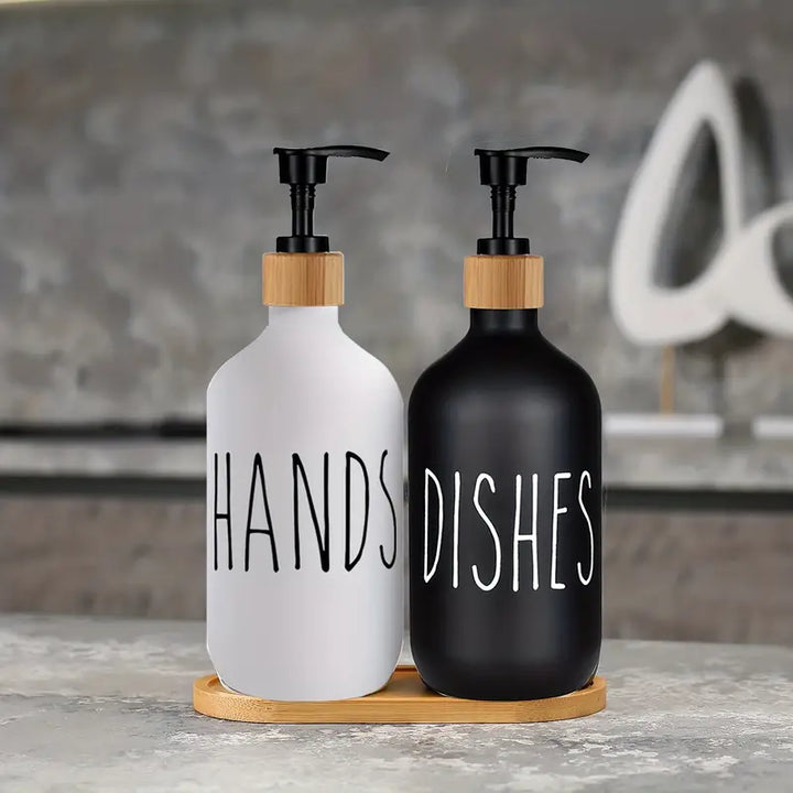 Matte Black Soap Dispenser Set with Wooden Tray