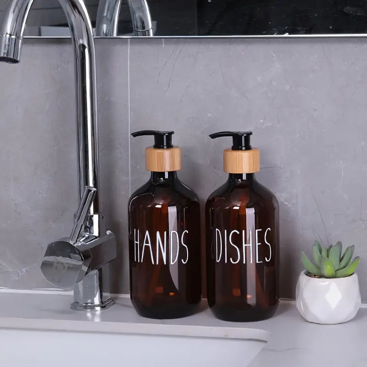 2pcs Amber Plastic Soap Dispenser Bottles with Pump and Bamboo Lid