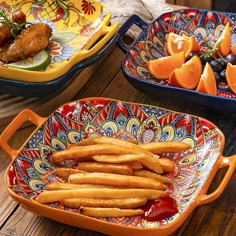 Bohemian-Style Ceramic Square Serving Plates with Handles