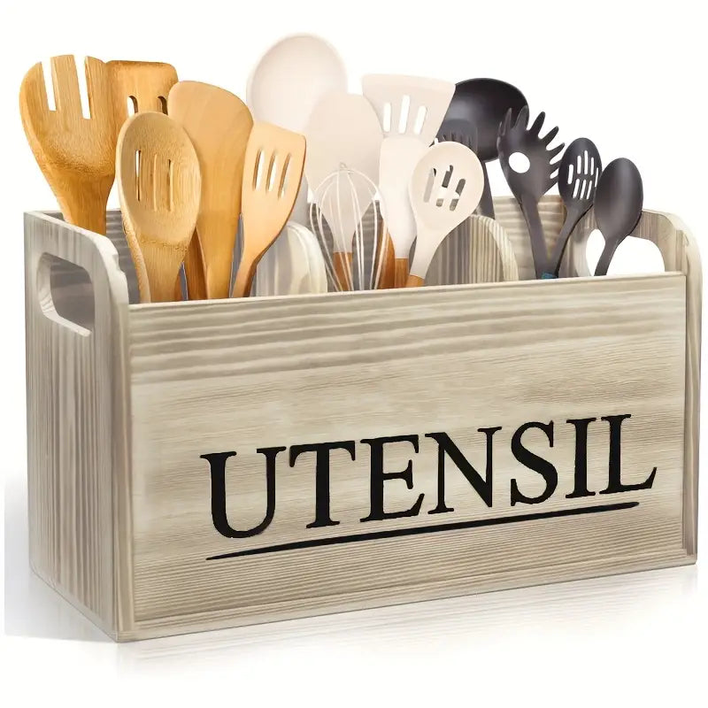 Wooden Utensil Storage Box with Gold Label