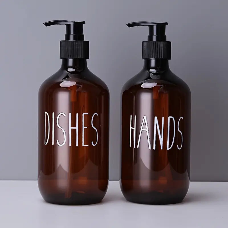 2pcs Amber Plastic Soap Dispenser Bottles with Pump and Bamboo Lid