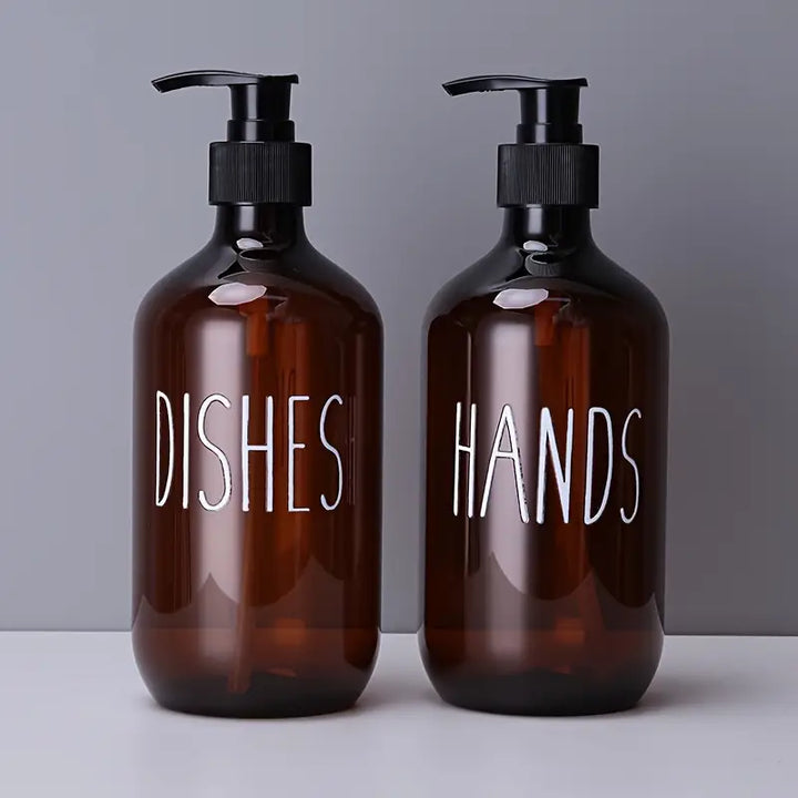 2pcs Amber Plastic Soap Dispenser Bottles with Pump and Bamboo Lid