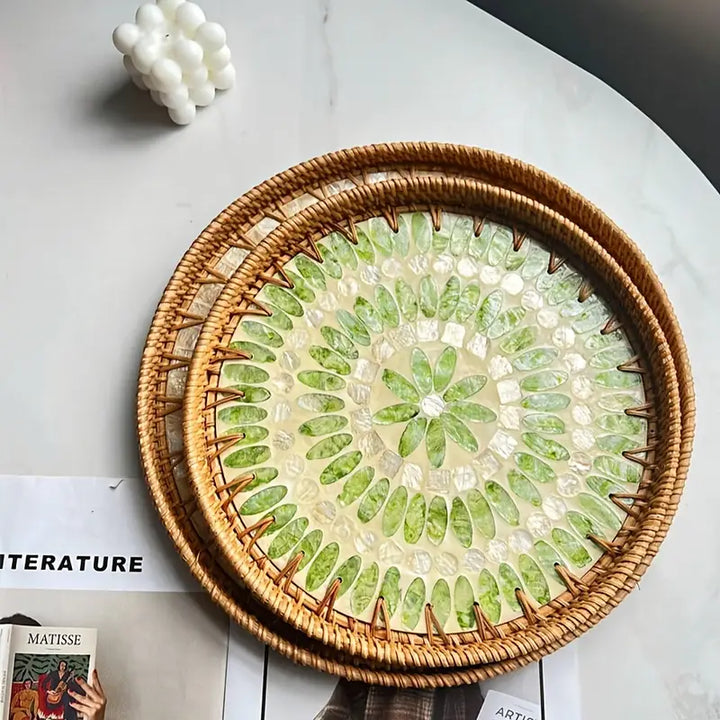 Mother-of-Pearl Inlaid Rattan Tray