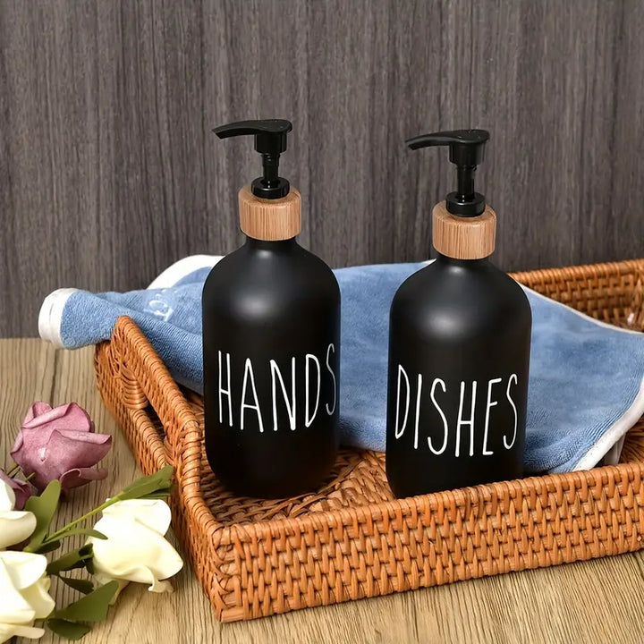 Matte Black Soap Dispenser Set with Wooden Tray