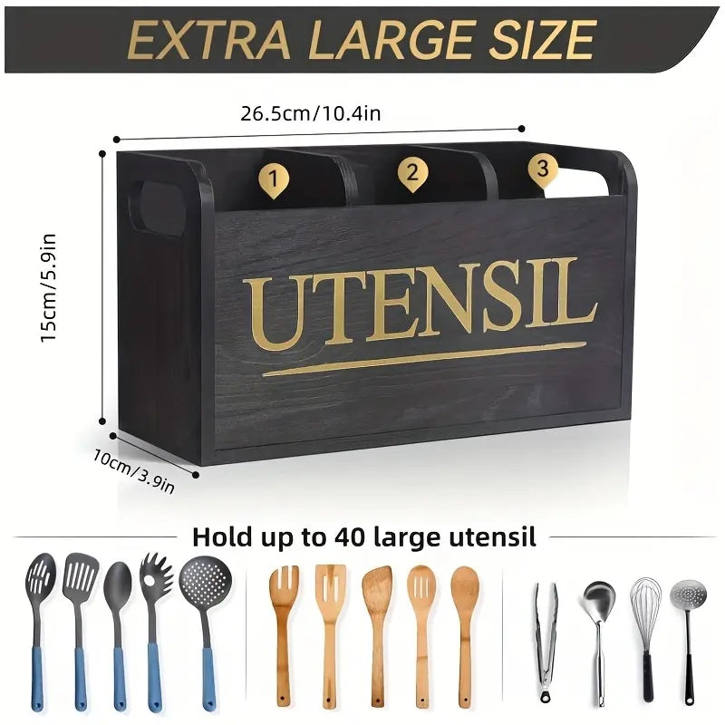 Wooden Utensil Storage Box with Gold Label
