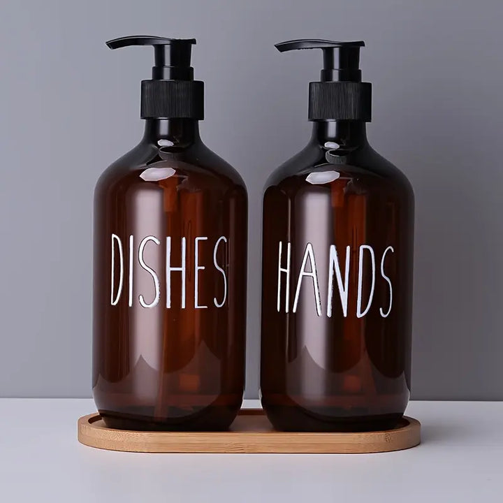 2pcs Amber Plastic Soap Dispenser Bottles with Pump and Bamboo Lid