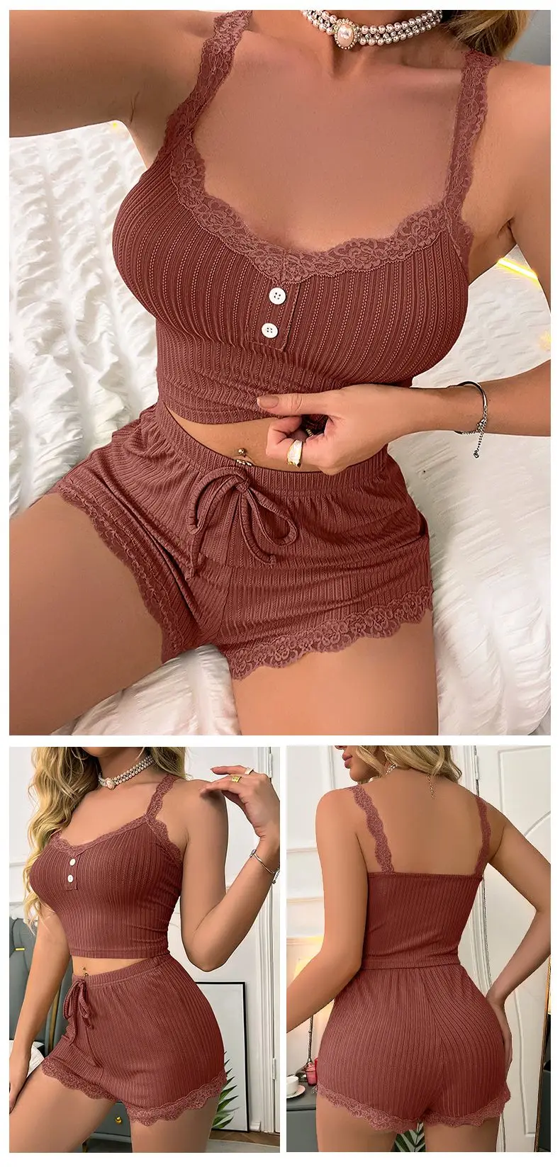 Women’s Lace Trim Ribbed Pyjama Set