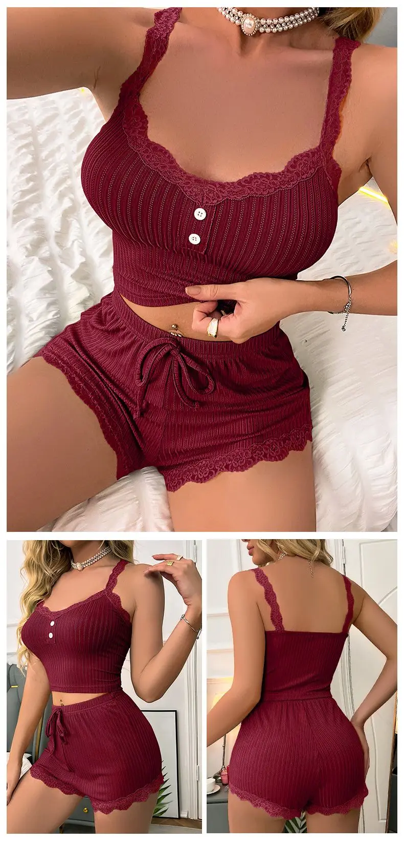 Women’s Lace Trim Ribbed Pyjama Set