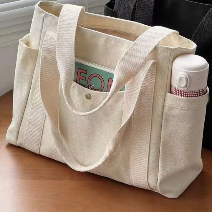 Large Canvas Tote Bag with Side Pockets