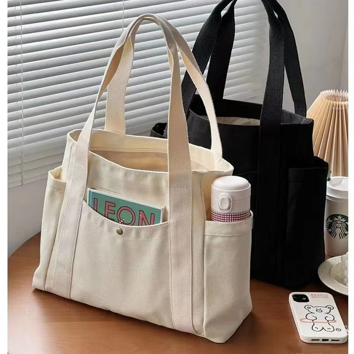 Large Canvas Tote Bag with Side Pockets